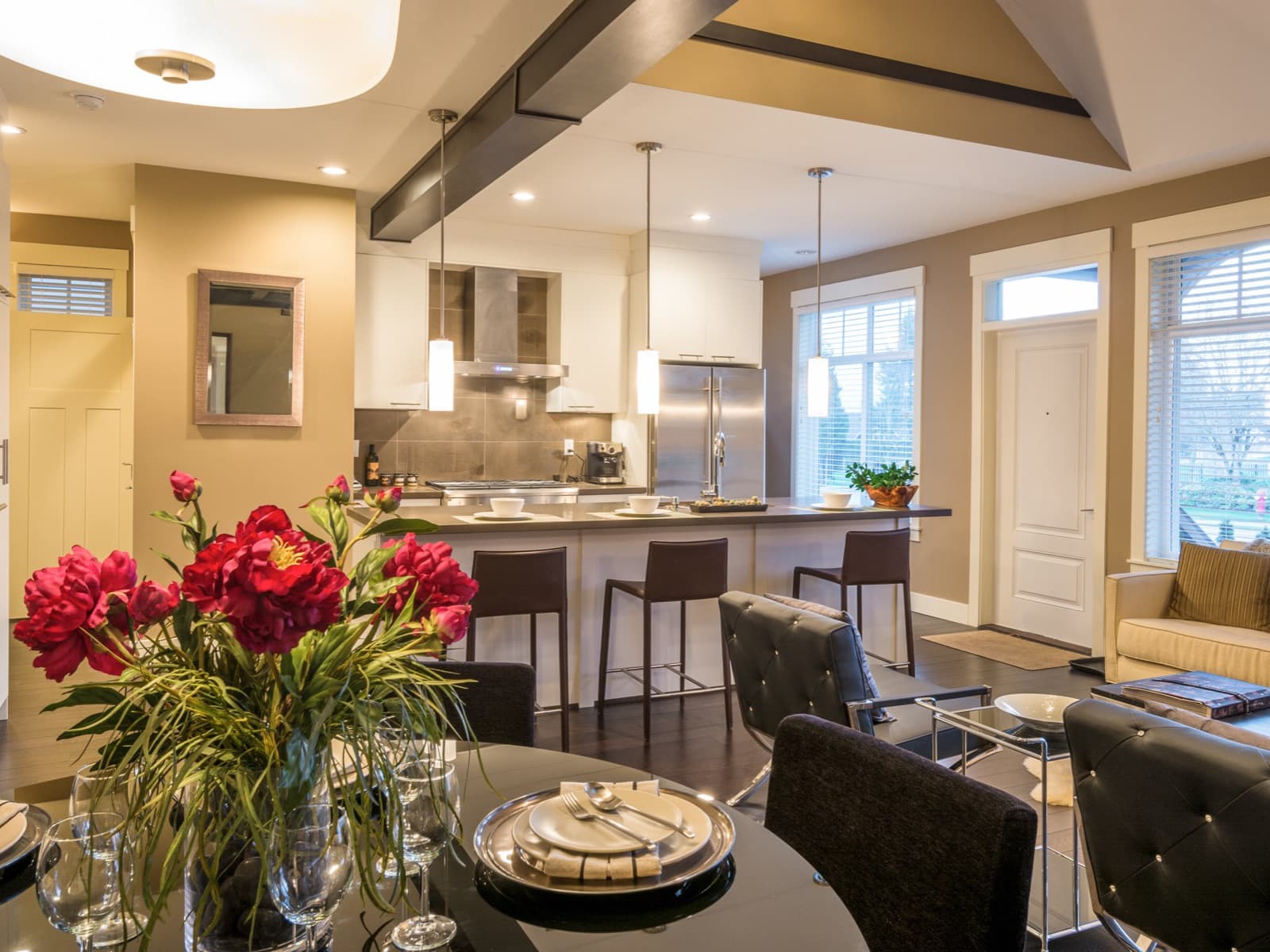 Elegant open dining and kitchen.